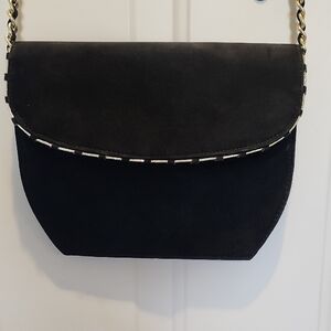 Elegant Black Suede Shoulder Bag W Gold Chain Strap